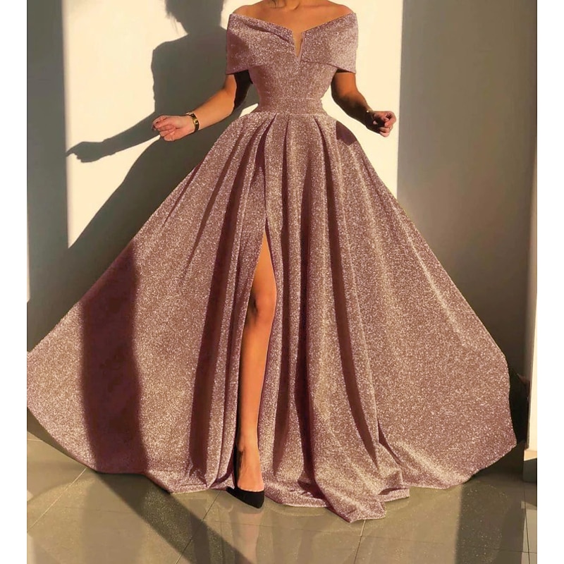 A-Line Evening Gown Sparkle & Shine Dress Formal Fall Court Train Sleeveless Off Shoulder Sequined with Sequin Slit Masquerade Dress3