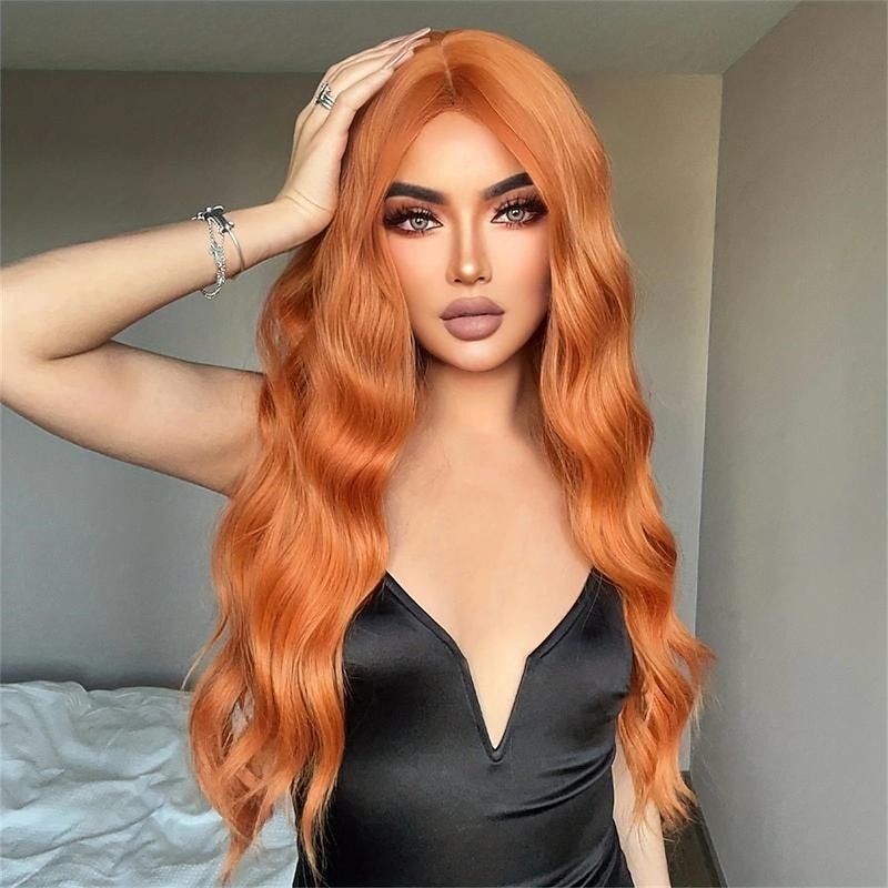 Synthetic Wig Curly Middle Part Wig Long A1 A2 Orange Synthetic Hair Women's Fashionable Design Soft Natural Orange Ombre Dark Gray