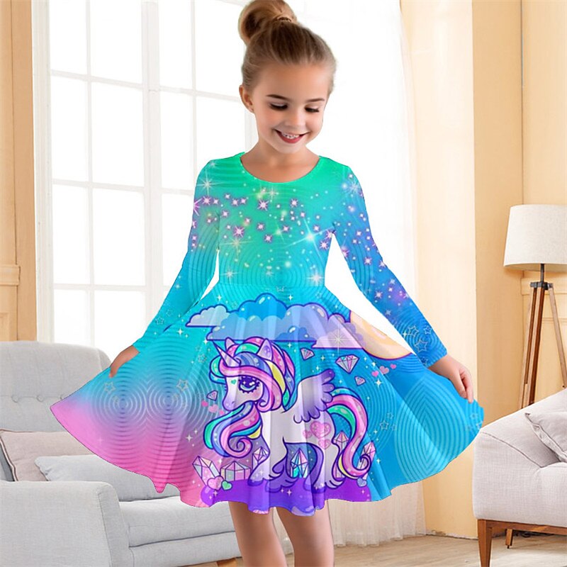 Girls' 3D Floral Rainbow Dress Pink Long Sleeve 3D Print Fall Winter Vacation Sports & Outdoor Daily Cute Casual Beautiful Kids 3-12 Years Casual Dress A Line Dress Above Knee Regular Fit