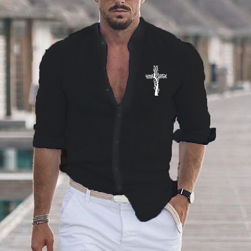 Men's Shirt Beach Shirt Cross Outdoor Vacation Black White Pink Red Long Sleeve Stand Collar Spring &  Fall Clothing Apparel Print2