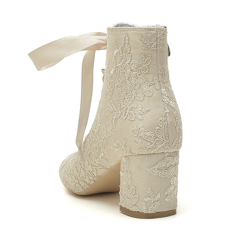 Women's White Lace-Up Bridal Booties – Floral Embroidered Satin Heels with Satin Ribbon and Rhinestone Detail for Weddings, Bridal Showers & Formal Occasions3