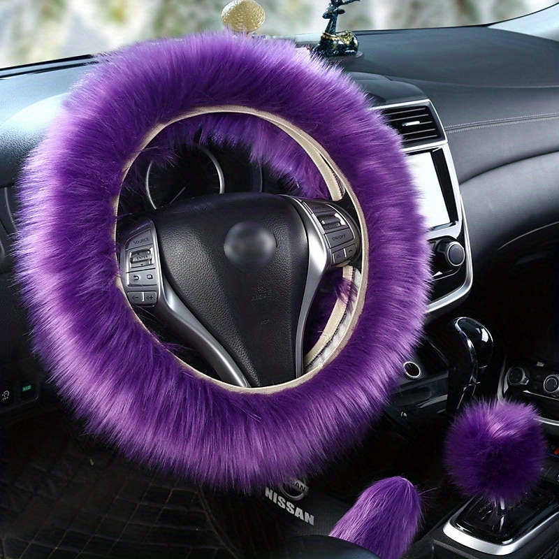 3PCs/Set Car Steering Wheel Cover Gear Shift Handbrake Fuzzy Cover Winter Warm Fashion Universal Car Interior Accessories2