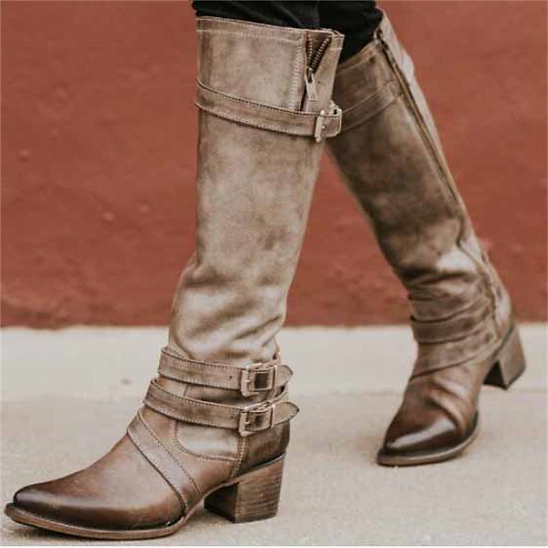 Women's Brown Knee-High Boots with Buckle Straps and Low Block Heels - Perfect for Vintage and Casual Styles