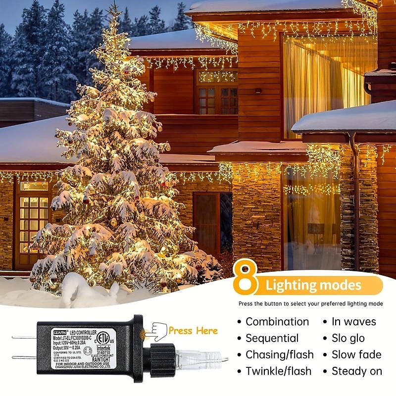 1 Pack Christmas 10 Meters 400 LEDs Icicle Lights Outdoor Christmas Lights with 8 Modes Timers Remote Waterproof, Plug in Connectable Fairy String Lights for Outside and Indoor House2