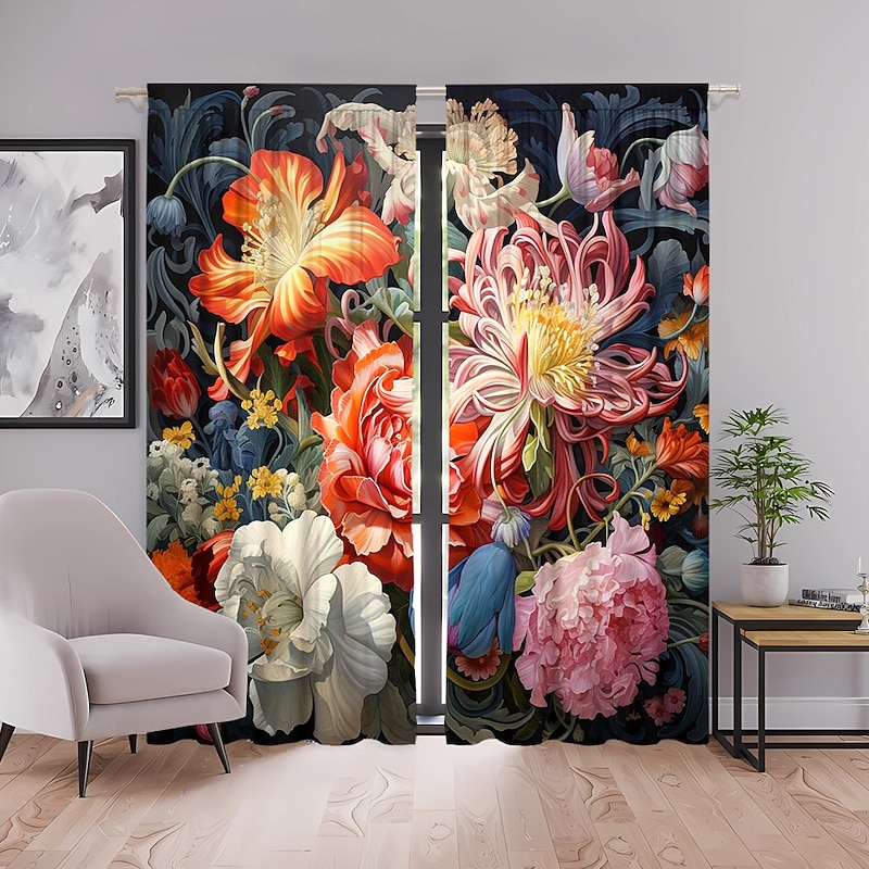 2 Panels Curtains For Living Room Bedroom, Flowers Curtain Drapes for Bedroom Door Kitchen Window Treatments Thermal Insulated Room Darkening4