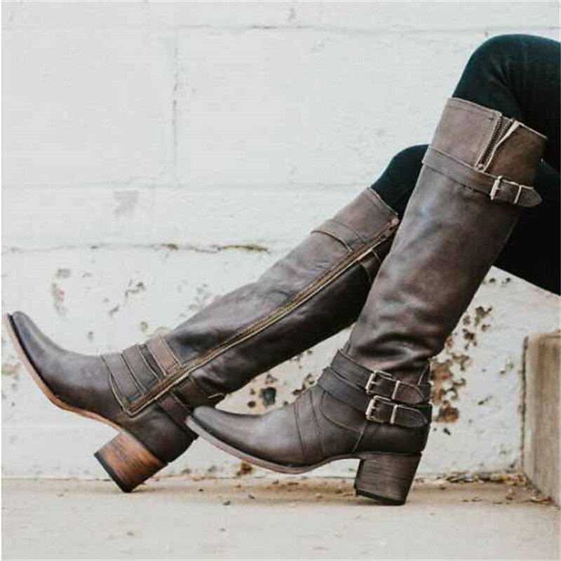 Women's Brown Knee-High Boots with Buckle Straps and Low Block Heels - Perfect for Vintage and Casual Styles2