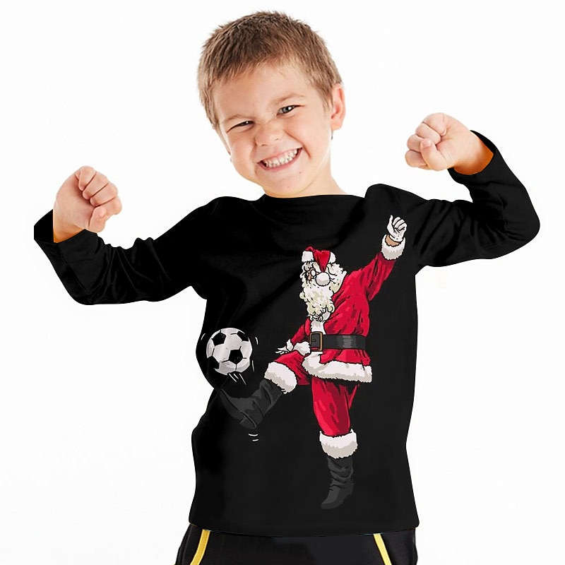 Boys 3D Santa Claus Football Tee Shirt Long Sleeve 3D Print Fall Winter Sports Fashion Streetwear Polyester Kids 3-12 Years Crew Neck Outdoor Casual Daily Regular Fit