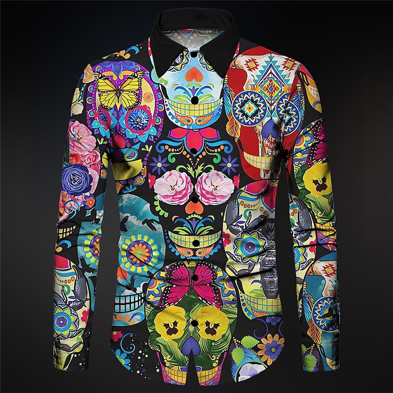 Men's Skull Geometric Pattern Shirt Button Up Shirt Long Sleeve Abstract Gothic Carnival Daily Wear Going out Fall & Winter Turndown Print Button-Down Red Blue Purple Green Light Grey