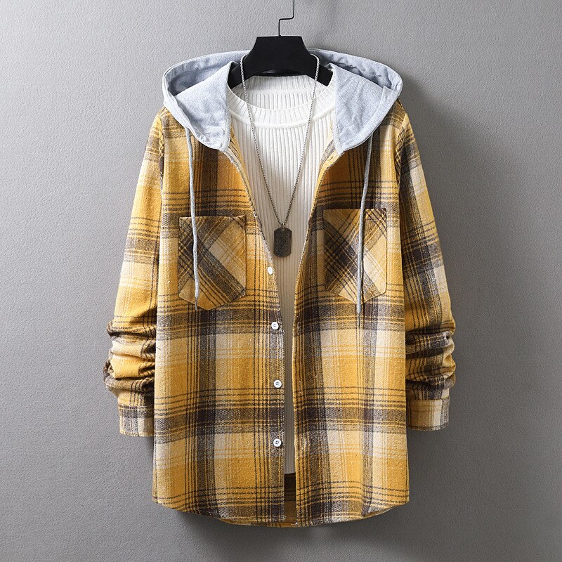 Men's Shirt Casual Shirt Plaid Shirt Button Up Shirt Overshirt Plaid / Check Outdoor Daily Wear Yellow Blue Orange Green Long Sleeve Hooded Fall & Winter Clothing Apparel Front Pocket2