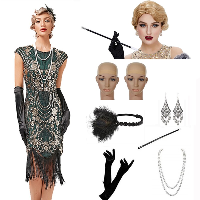 Set with Flapper Dress Finger Wave Wig Headband Gloves Necklace Earrings Cigarette Holder Wig Caps Women's Roaring 20s 1920s Cocktail Masquerade Outfits Gatsby Christmas Attire Party Dress - Main Image