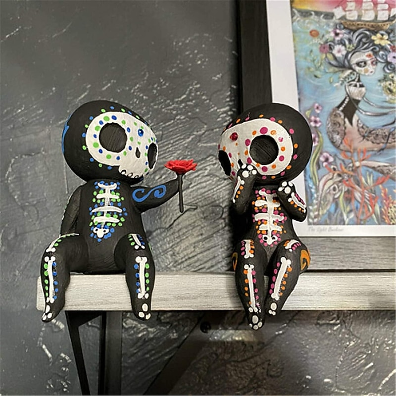 Sugar Skull Couple Statue Sugar Skull Figurine Resin Crafts Cute Statue Skull Resin Skull Statue Home Decor Adorable Skull Sculpture Memorial Statue2