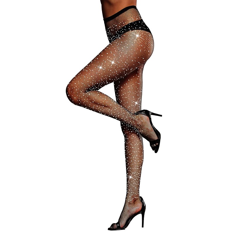 Women's Back Seam High Waist Tights Sparkle Rhinestone Fishnets Party Rhinestone Mesh Stockings Disco Club Party
