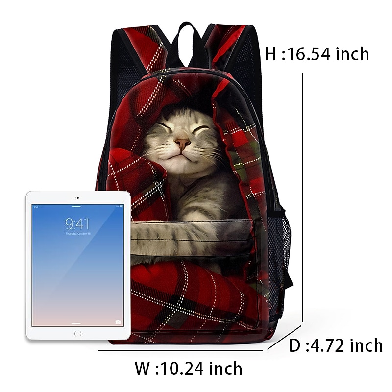 Large Capacity Animal Cat Print Backpack with Red Plaid Design – Cute and Durable Back to School or Travel Bag in 2 Colors2