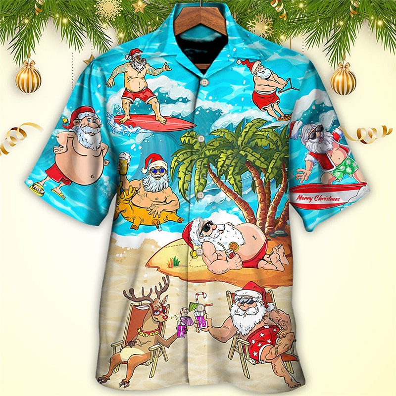 Christmas Men's Santa Claus Printed Shirts Santa Claus Tree Hawaiian Casual Outdoor Street Fall Turndown Short Sleeve Blue S M L Shirt