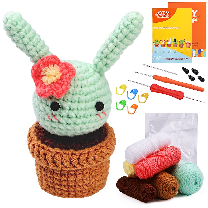 Crochet Kit for Beginners, Beginner Crochet Starter Kit with Step-by-Step Video Tutorials, Beginner Crochet Kit for Adults Kids, Knitting Kit for BeginnersThe Same Type Of Succulent Potted Cactus Crochet Wool Material Bag Is Hand Woven4