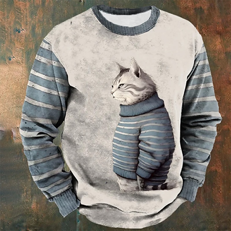 Men's Graphic Animal Cat Sweatshirts Golf Pullover Sweatshirt Long Sleeve Sweatshirt Crew Neck Daily Casual Vintage Retro 3D Print Vacation Holiday Going out Print Spring &  Fall