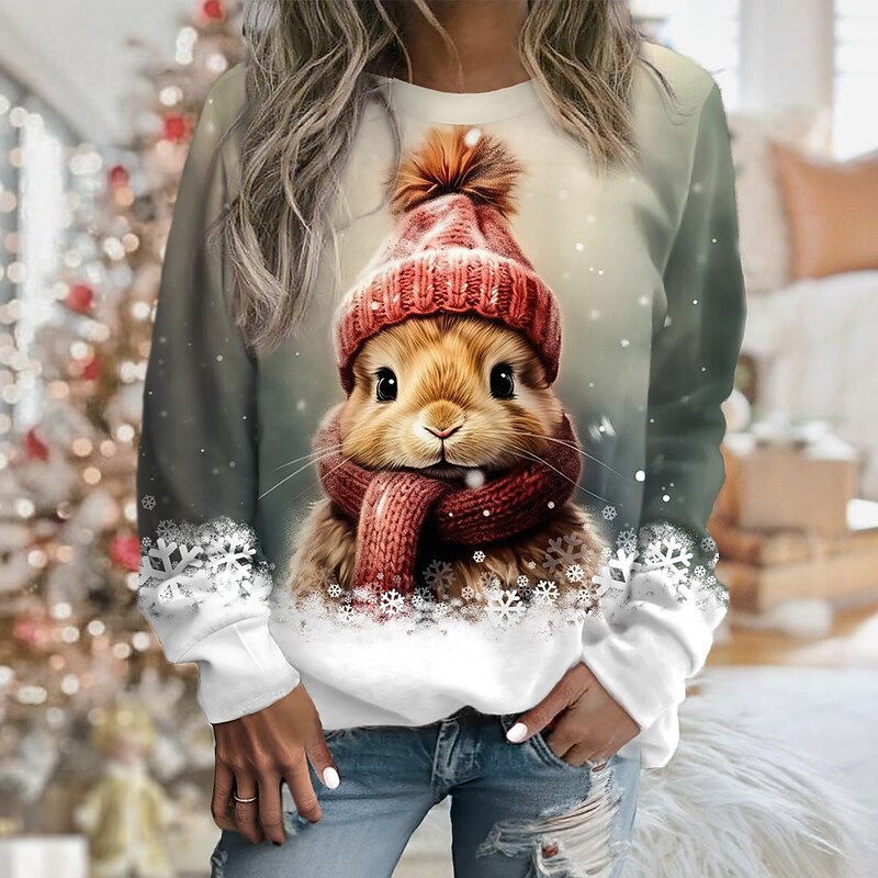 Women's  Sweatshirt Pullover  Rabbit Casual Sports Print Sportswear Festival Round Neck Long Sleeve Top Micro-elastic Fall & Winter2