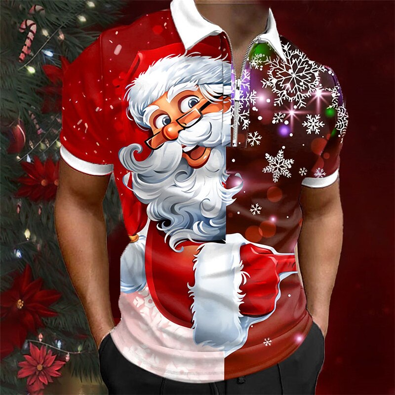 Christmas Men's Santa Claus 3D Zipper Polo Santa Claus Casual Print 3D Zip Golf Outdoor Daily Wear Streetwear Polyester Short Sleeve Turndown Zip Shirts Wine Green Autumn / Fall S M L Micro-elastic