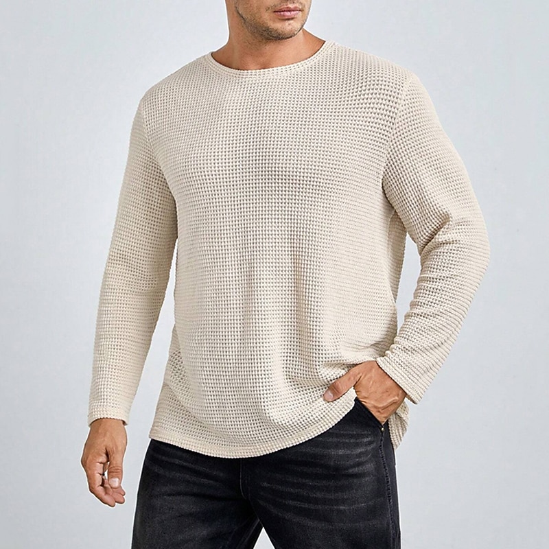 Men's Waffle Tee T Shirt Waffle Knit Tee Tee Top Long Sleeve Crew Neck Spring &  Fall Plain Fashion Designer Basic Knit Vacation Street Going out White Khaki Top Tee for Men