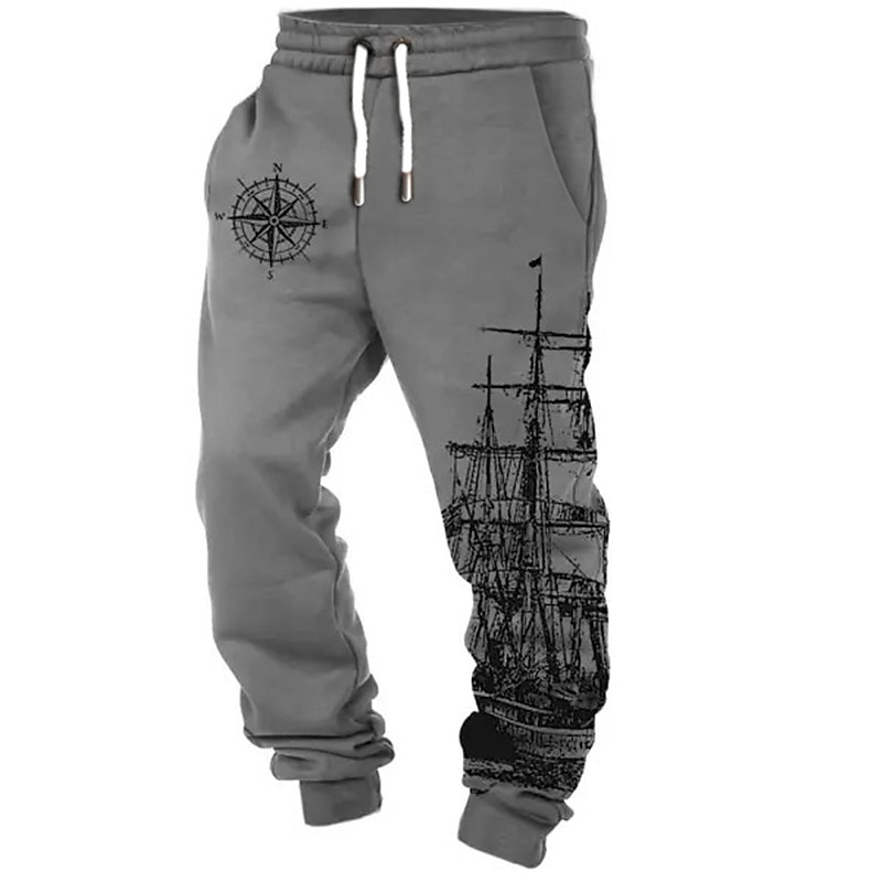 Sailboat Vintage Men's 3D Print Sweatpants Joggers Pants Trousers Outdoor Street Casual Daily Polyester Khaki Gray S M L Mid Waist Elasticity Pants2
