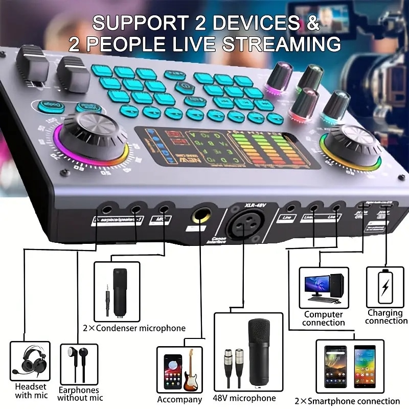 2023 C100 Professional 48V Podcasting Equipment Kit with Voice Conversion Soundcard with Various Sound Effects and LED Lights Great for use in podcasting.3
