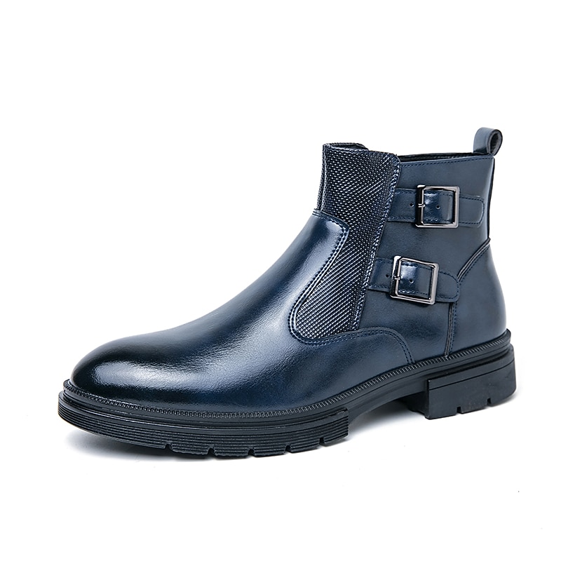 Men's Navy Blue Faux Leather Chelsea Boots, Double Buckle Ankle Boots with Elastic Side for Stylish Durable Wear 7