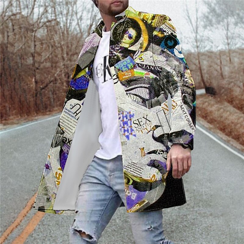 Men's Winter Coat Overcoat Coat Going out Weekend Print Fall & Winter Turndown Long Sleeve Yellow Red Blue4