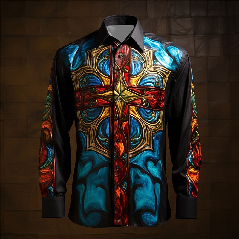 Men's Color Block Colorful Cross Shirt Button Up Shirt Long Sleeve Artistic Abstract Daily Wear Going out Fall & Winter Turndown Print Button-Down Royal Blue Blue Orange Green2