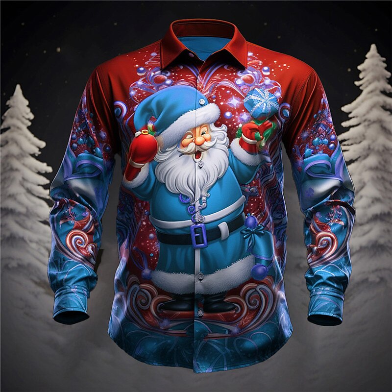 Christmas Men's Santa Claus Printed Shirts Santa Claus Casual Daily Wear Going out Fall & Winter Turndown Long Sleeve Violet, Burgundy, Blue S, M, L 4-Way Stretch Fabric Christmas2