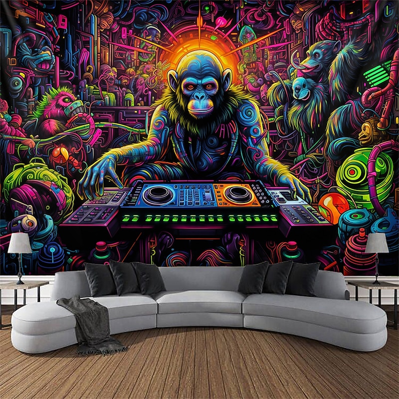 Blacklight Tapestry UV Reactive Glow in the Dark DJ Chimpanzees Animal Trippy Misty Nature Landscape Glow Party Hanging Tapestry Wall Art Mural for Living Room Bedroom3