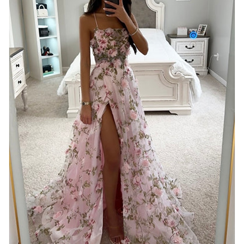 A-Line Prom Dresses Corsets Dress Formal Evening Party Court Train Sleeveless Spaghetti Strap Tulle with Slit
