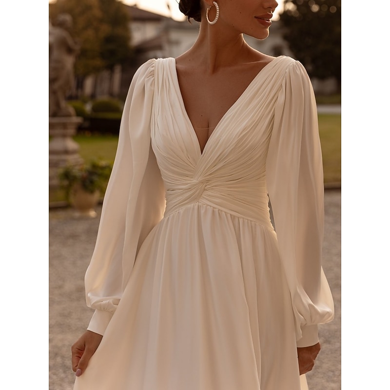 Beach Wedding Formal Simple Wedding Dresses A-Line V Neck Long Sleeve Court Train Chiffon Bridal Gowns With Pleats Ruched4