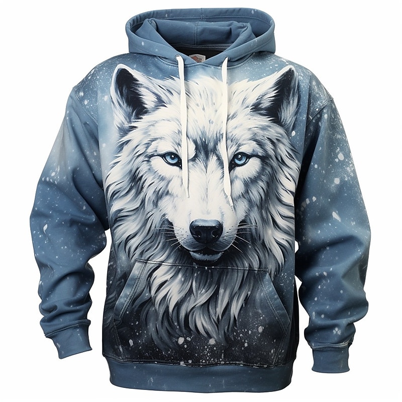Men's Graphic Animal Wolf Hoodie Hoodies Sweatshirt Fashion Daily Long Sleeve Hooded Vacation Sports Outdoor Holiday Blue Dark Blue Print Front Pocket Spring &  Fall Designer2