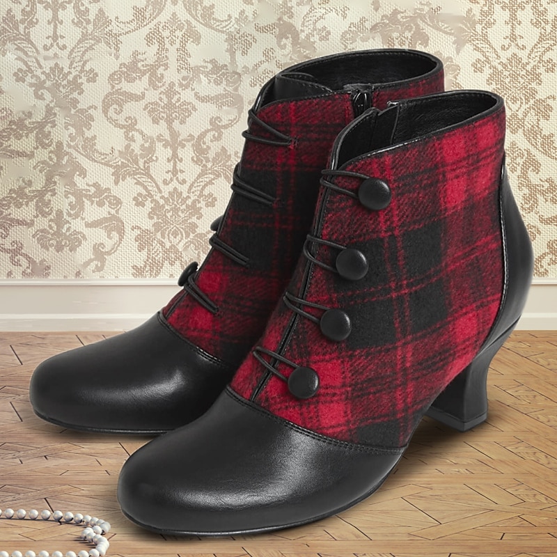 Women's Victorian Plaid Button Ankle Boots – Retro Heeled Booties with Side Zipper for Christmas Party and Holiday Gatherings2