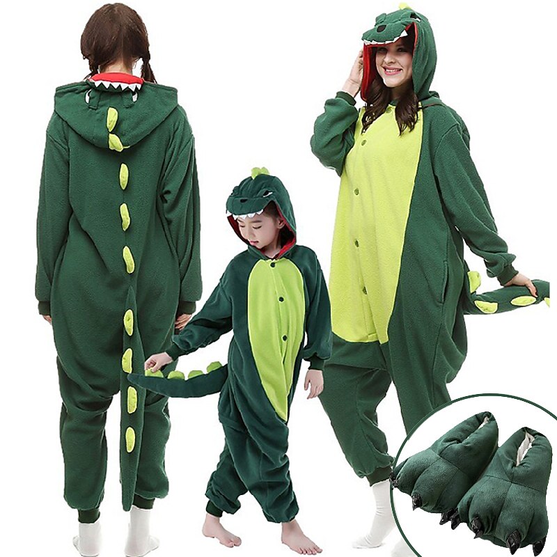 Set with Flannel Onesie Kigurumi Pajamas Cute Matching Claw Slippers Kid's Adults' Dinosaur Funny Pajamas Cosplay Costume For Unisex Christmas Animal Sleepwear Cartoon Homewear
