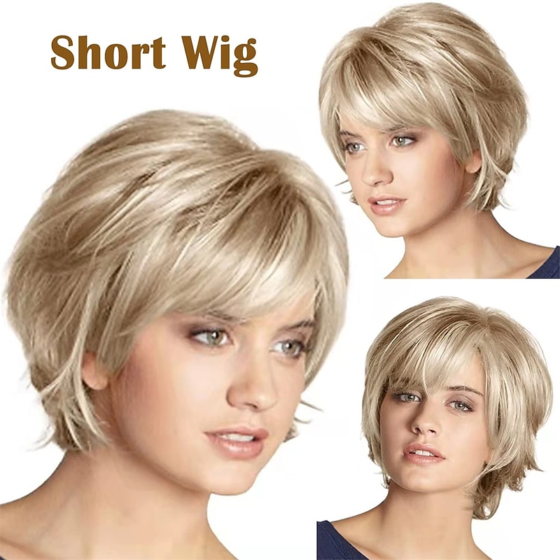 Short Blonde Wig with Bangs Blonde Mix Brown Wigs for White Women Natural Fluffy Synthetic Hair Womens Wigs3