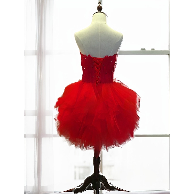 Women's Princess Ballerina Dancer Performance Dancing Dress Tiered Tutu Gown Cute Party Tulle Feather matte red Dress2