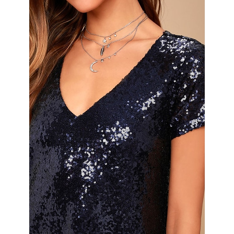Women's Mini Dress Black Dress Sequin Dress Cocktail Dress Holiday Dress Streetwear Party Sexy Party Loose Fit Short Sleeve V Neck Black Champagne Fall Winter3