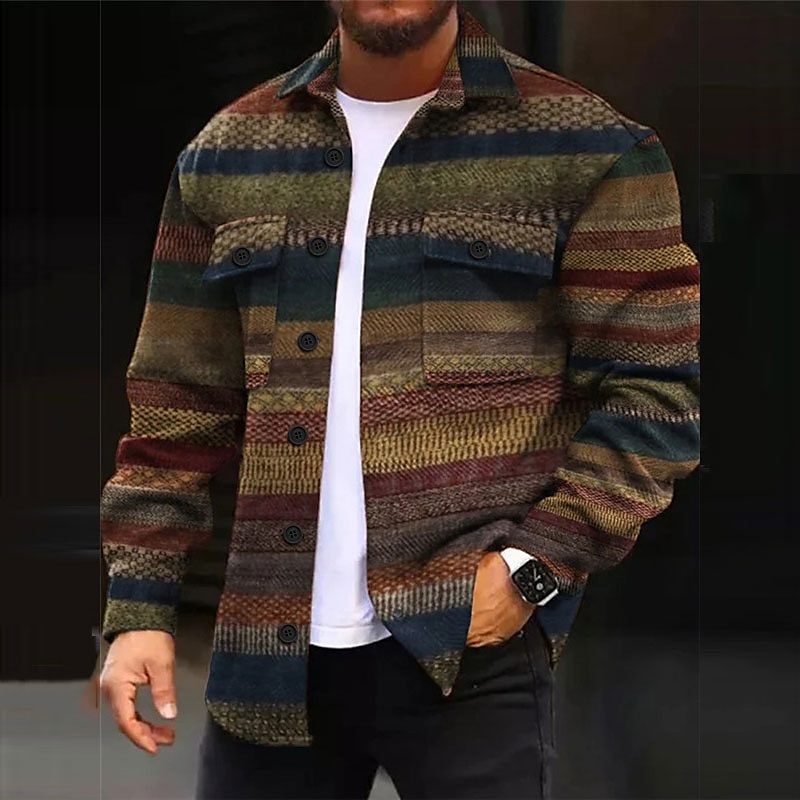 Men's Plaid Stripe Geometric Pattern Shirt Shirt Jacket Overshirt Long Sleeve Vintage Abstract Tribal Outdoor Street Casual Daily Fall & Winter Turndown Buttons Pocket Print Yellow Brown