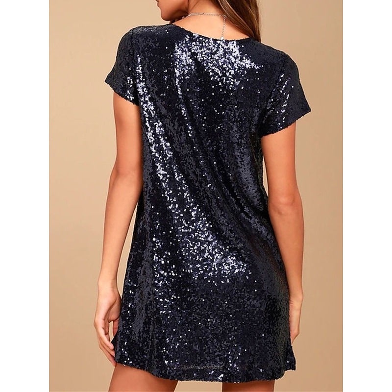 Women's Mini Dress Black Dress Sequin Dress Cocktail Dress Holiday Dress Streetwear Party Sexy Party Loose Fit Short Sleeve V Neck Black Champagne Fall Winter2
