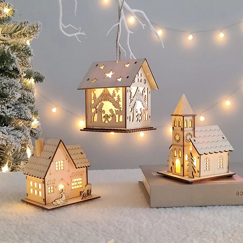 Christmas LED Light Wooden House Luminous Luxury bungalow Christmas Decorations Home Decor Fairy Night Lamp Pendant Kids Gift  1PC3