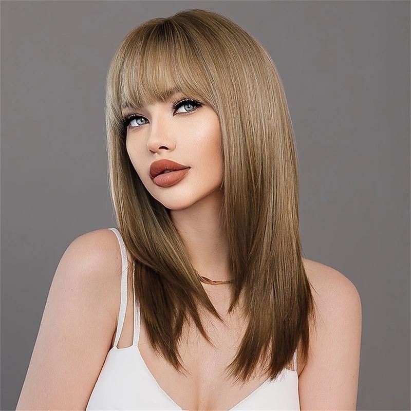 Synthetic Brown Ombre Blonde Wigs With Bangs Natural Soft Straight Layered Hair Wig For Women Daily Party High Density Heat Resistant2