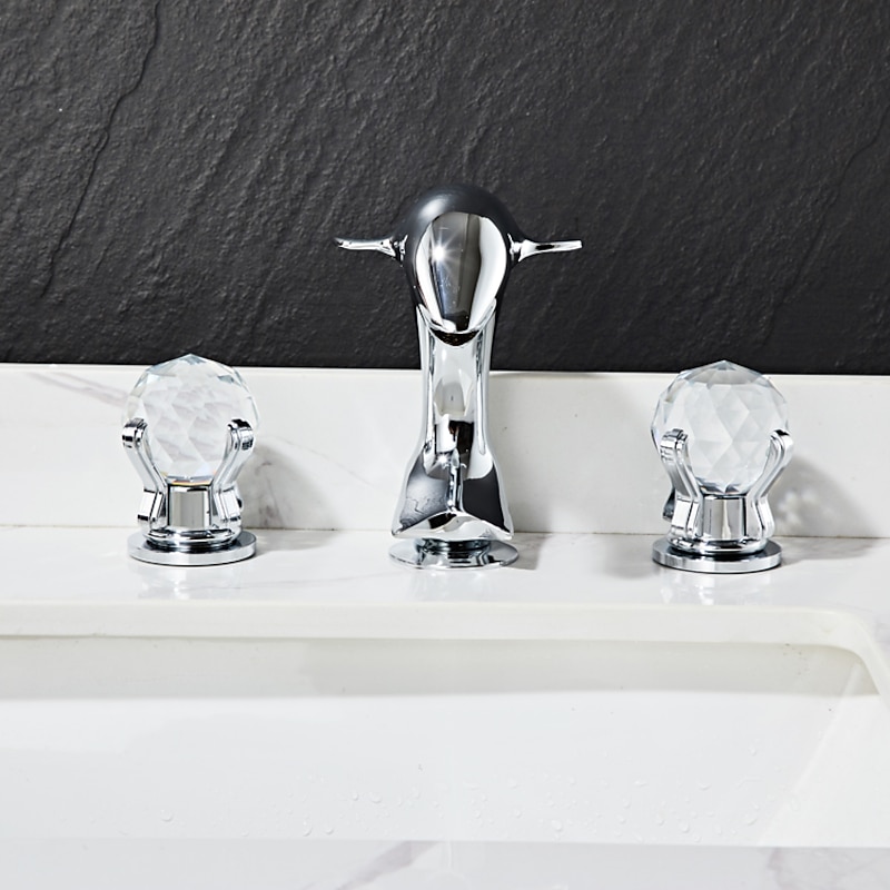 Dolphin Shape Bathroom Sink Faucet, Widespread Crystal Accents Two Handles Three Holes Bath Mixer Taps for Sink, Hot and Cold Water Hoses Included3