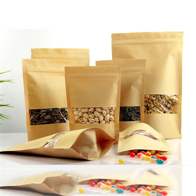 100pcs/lot Kraft Paper Bag Self Sealing Stand Up Bags With Transparent Window For Dried Food/Snack/Fruit/Tea/Gift Packaging2