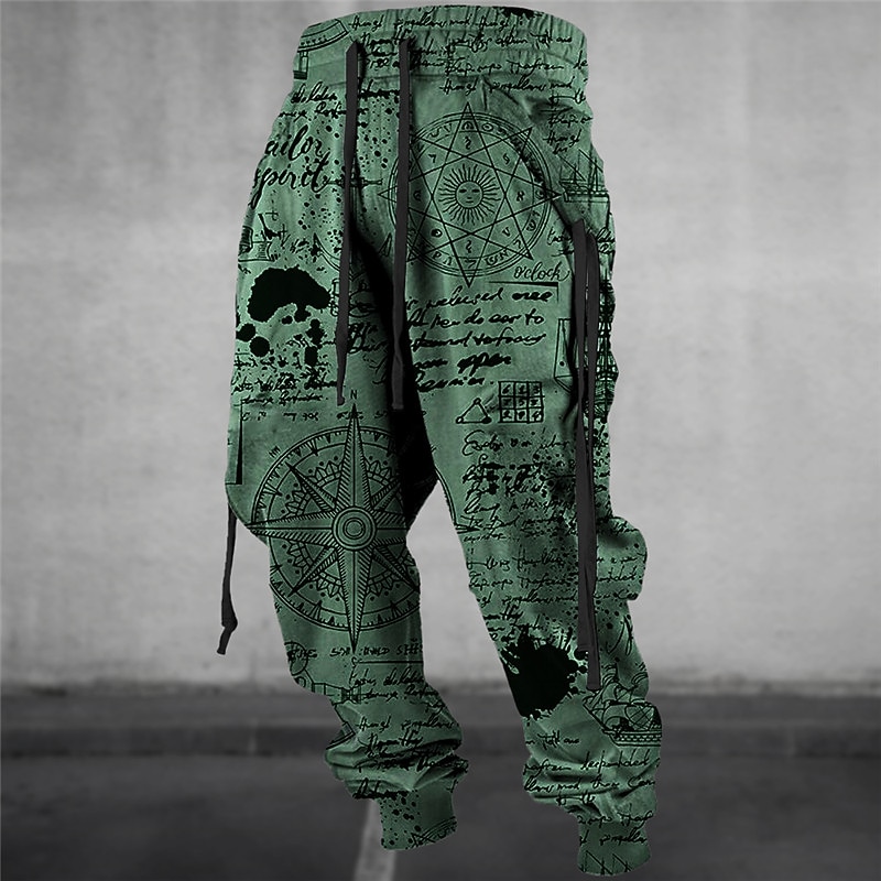 Graffiti Compass Vintage Men's 3D Print Sweatpants Joggers Pants Trousers Outdoor Street Casual Daily Polyester Blue Green Khaki S M L Mid Waist Elasticity Pants3