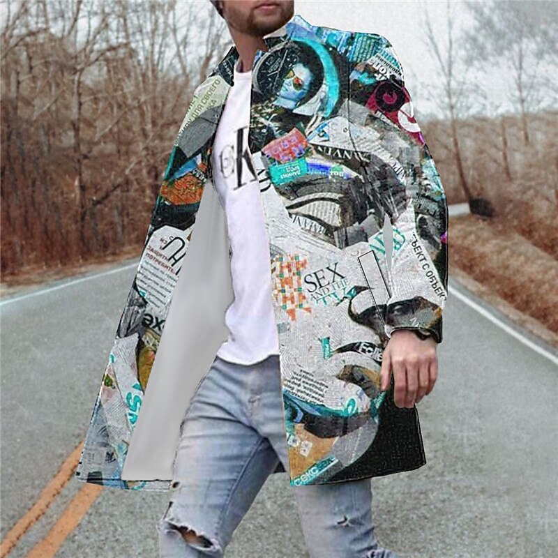 Men's Winter Coat Overcoat Coat Going out Weekend Print Fall & Winter Turndown Long Sleeve Yellow Red Blue2