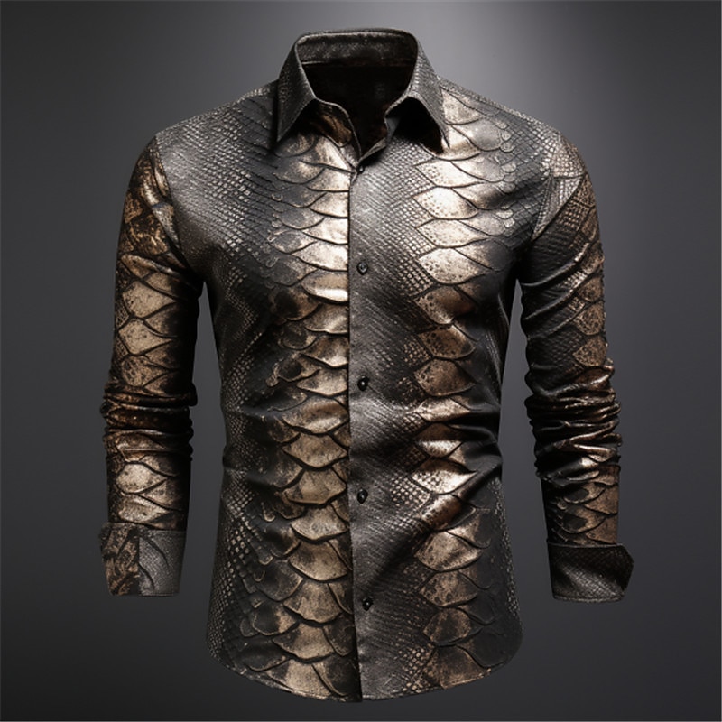 Men's Snake Metallic Shirt Button Up Shirt Long Sleeve Abstract Daily Wear Going out Fall & Winter Turndown Print Button-Down Black Gold Brown Khaki3