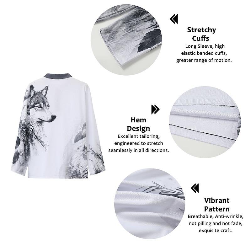 Men's Wolf Polo Shirts Golf Shirt Long Sleeve Polo Shirts Collared Shirts Casual Funny Streetwear Vacation Wear Party Outfits 3D Print Buttons Blue-Green Red Blue2