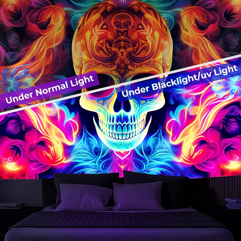 Halloween Skull Blacklight Tapestry UV Reactive Glow in the Dark Trippy Misty Hanging Tapestry Wall Art Mural for Living Room Bedroom3