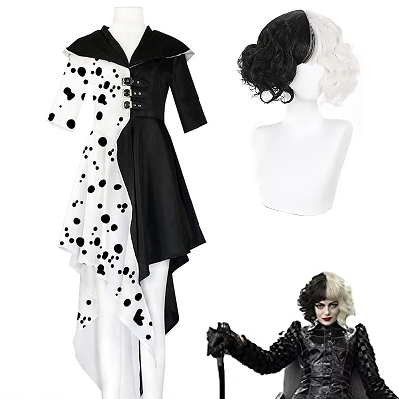 One Hundred and One Dalmatians Cruella De Vil Outfits Party Costume Women's Movie Cosplay Vintage Fashion Cute Black Coat Gloves Carnival Masquerade Polyester / Cotton / A-Line / Washable With Wig
